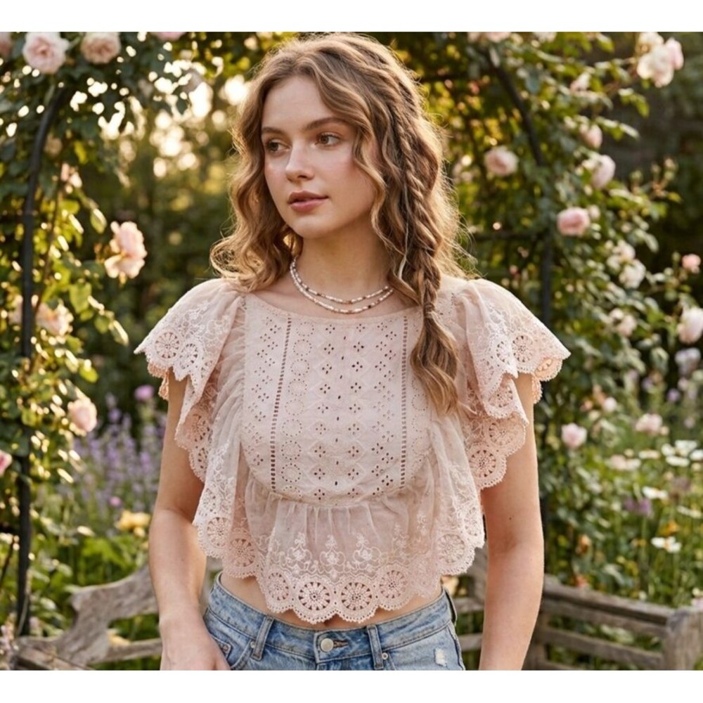 Altar'd State Smocked Eyelet Top Flutte Sleeve M Cottagecore Coquette Pink